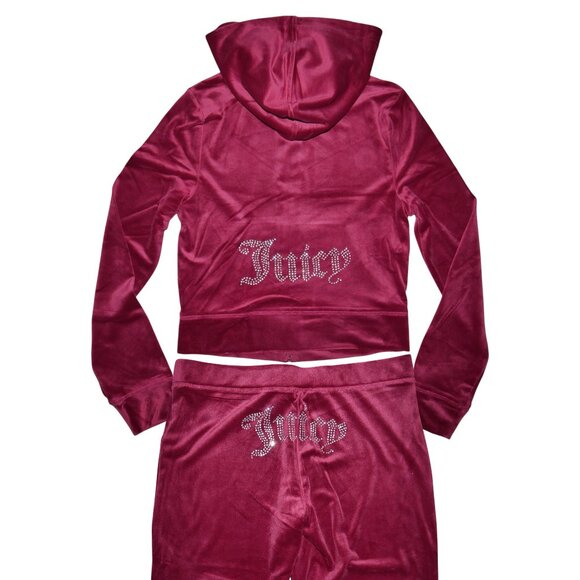 Juicy Couture Velour Bling Tracksuit Set Dark Crimson Rhinestone Jacket Pants S - Picture 12 of 12